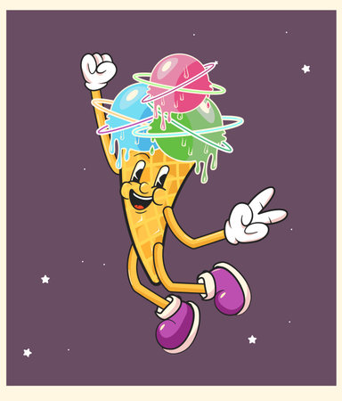 Trendy ice cream waffle cone groovy character. Isolated vector cosmic summer dessert personage. Funny positive mascot wearing wide funky smile, exuding chill vibes and retro nostalgic charm.のイラスト素材