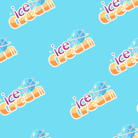 Ice cream text logo seamless pattern vector design, blue pattern for design banner branding in cosmic cartoon style.のイラスト素材