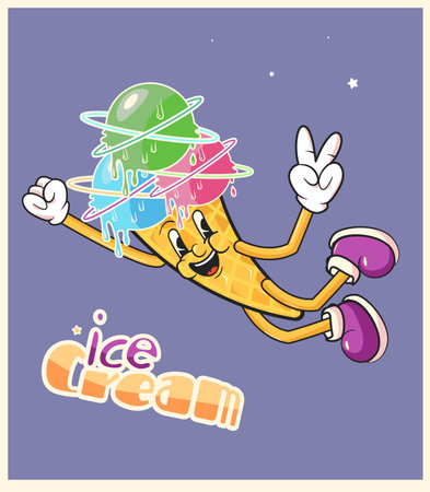 Trendy ice cream waffle cone groovy character. Isolated vector cosmic summer dessert personage. Funny positive mascot wearing wide funky smile, exuding chill vibes and retro nostalgic charm.のイラスト素材