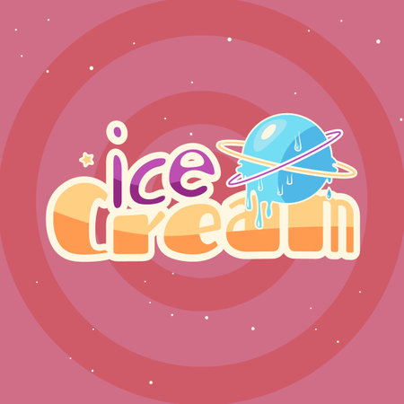 Ice Cream text logotype with ice blue ball, saturn planet. vector illustration on pink background. Logo for brand cafe and infographics. colorful y2k styleのイラスト素材