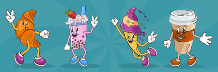 Posters with lettering and phrases for bakery. Collection of groovy posters and cards with dessert characters. Retro cartoon mascot set, cafe and delivery. Ice cream, coffee, croissant, bubble teaのイラスト素材