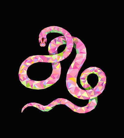 Vector illustration with pink snake in poly art style. 2025 Chinese new year symbol, isolated sign...