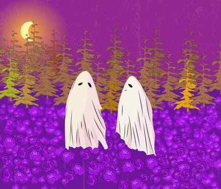 Cute couple Ghosts in flower meadow, autumn forest in the background. Moonlit Halloween evening. Vector illustration for printing banners or posters of the Dark spirits themed holidayのイラスト素材