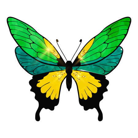 Butterfly Green, Watercolor bright with gold glitter . Isolated hand drawn design element for scrapbooking or printing on clothes. Vector illustration. Summer vibe insect on white backgroundのイラスト素材