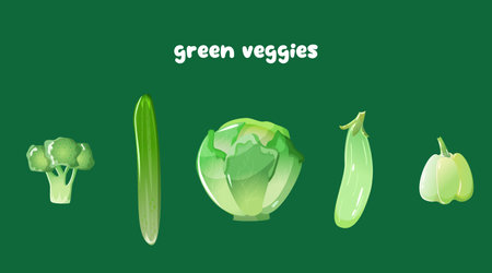 Collection of Green vegetables. Set of fresh delicious vegetarian products, exotic cooking ingredients, healthy food. Bundle flat isolated vector illustrationsのイラスト素材