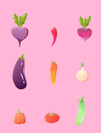 collection of vegetables. Set of fresh delicious vegetarian veggies on pink background. exotic cooking ingredients, healthy food. Bundle flat isolated vector illustrationsのイラスト素材