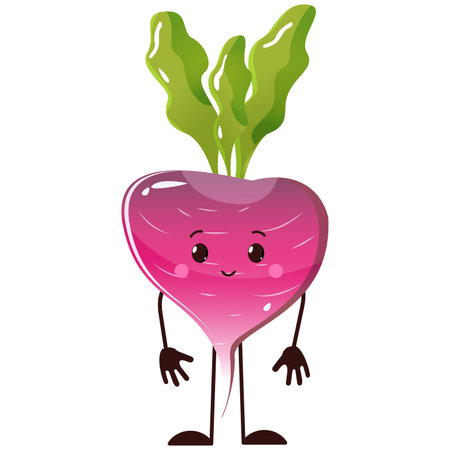 Radish red cute vegetable, vector illustration design in kawaii style, modern, colorful, playful, childish, interior, nursery, healthy foodのイラスト素材