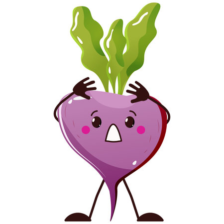 Cute beet with hand up and Scared emoji. isolated on white background. Fruit and vegetable pun for card design print conceptのイラスト素材