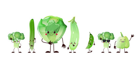 Green veggies funny cartoon character set. Vector illustration isolated. Concept of healthy food, vegetarian. Broccoli cabbage and cucumber. peas squash and pepperのイラスト素材