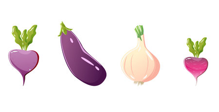 collection of purple vegetables. Set of fresh delicious vegetarian veggies on white background. cooking ingredients, healthy food. Bundle flat isolated vector illustrationsのイラスト素材
