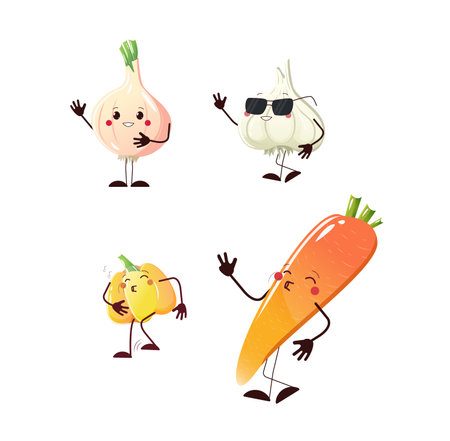 Cool vegetable funny characters. Singing carrot and pepper, funny onion and garlic. Vector illustration for printing and use in the design of various elements and objectsのイラスト素材