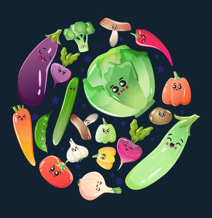 Cute characters vegetables, round shape form. Veggies vector colorful elements. Organic food, natural eco products. Square card for banner, poster, menu, social media, web designのイラスト素材
