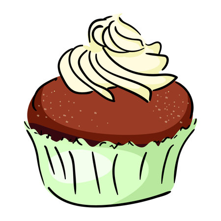 Chocolate Cupcake Shortcake Delicious cream. Cartoon Style Design Isolated Vector Illustration. Hand drawn linear colorのイラスト素材