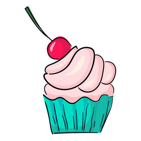 Cupcake Shortcake Delicious cream with cherry. Cartoon Style Design Isolated Vector Illustration. Hand drawn linear colorのイラスト素材