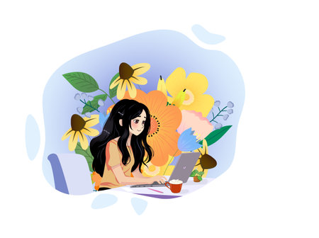 Teen Girl Spending Time on Social Media on Her Laptop. Young girl doing her homework or work. Flowers. Girl with black hair cute kawaii style.のイラスト素材