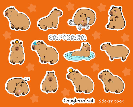 Cute cartoon kawaii Capybara set of stickers on bright background. Animal funny characters. Hand drawn style. Vector drawing. Collection of design elements. Sticker packのイラスト素材