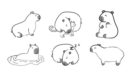 Set of cute capybaras in outline doodle style. Isolated on white background. resting relaxing animals. Vector illustration.のイラスト素材