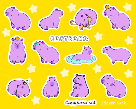 Sticker Set Cute purple capybaras. Vector hand drawn illustrations of bright unusual capybaras. Sticker pack for print, for school or workのイラスト素材