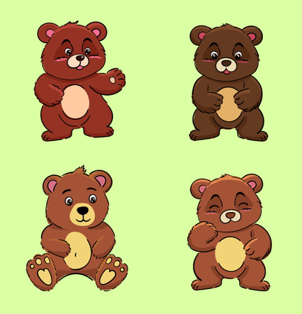 Bear character standing Set of cute Brown, sitting, cartoon vector illustration isolated on white background. Baby bears hand drawn. elements for design printingのイラスト素材