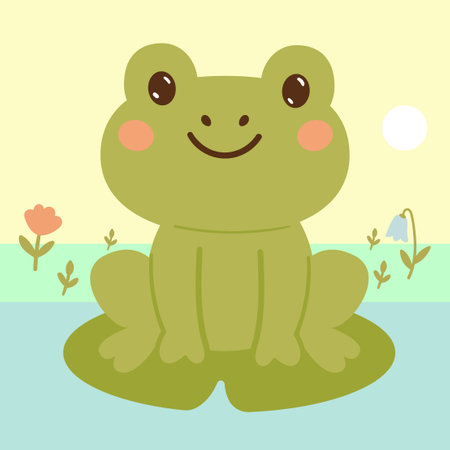 Cartoon Frog sitting in pond, cute amphibia. Green toad in natural habitat, froggy water animal in pond with water lilies and reeds flat vector illustrations. Green smiling frog characterのイラスト素材