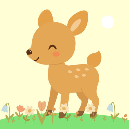 Cute cartoon baby Deer on grass and flowers. Vector illustration for decorating prints. Little forest animal. Kawaii character wildlife deer.のイラスト素材