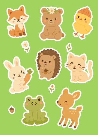 Cute animals set stickers. Hand drawn baby characters and flowers. Vector illustration on green background. Design for printing and decoration of child cloth or books. High quality baby animals.のイラスト素材