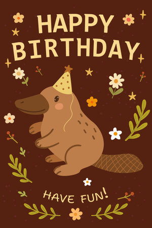Cute Platypus stands in festive cap. Happy Birthday postcard with letter have Fun. Flowers background. Baby cute cartoon Duckbill. Good for posters greeting cards or print on t shirt. Vector illustrationのイラスト素材