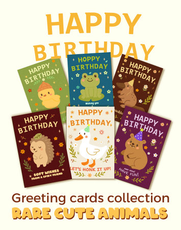 Set of children s birthday greeting cards .Cute animals design. poster, template, greeting cards. Cute animals on Postcards. Goose, frog, chick and duckbill and daman rare animals. Kawaii new trendy Vector illustrationsのイラスト素材