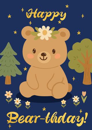 Happy birthday bear wild animal little. vector postcard for print text Birthday Cute bear with flowers on blueのイラスト素材