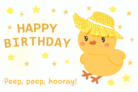 Greeting card cute Yellow little Chicken with straw hat. Happy birthday postcard for print or design for poster. text Peep hooray. hand drawn illustration vector on white background horizontalのイラスト素材