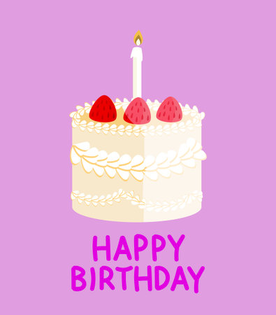 Cute minimalistic trendy Happy Birthday card with creamy cake. dessert decor strawberry and one candle. Holiday vector background on pink background. sweet sugar postcard or poster celebrationのイラスト素材