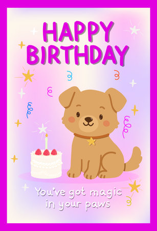 Cute Birthday Vector Card with Puppy Dog, Stars and Cake with strawberry. Lovely Nursery Art. Kids postcard Decoration. Vector For Dog Lovers. with text You got magic in your pawsのイラスト素材