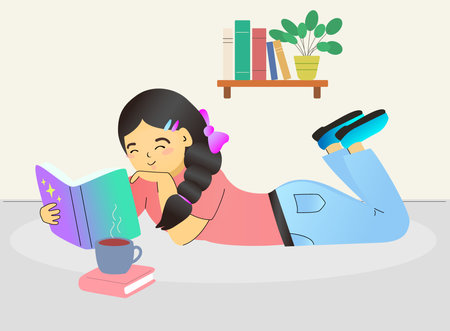 Young female lying on a floor and reading a book. Black hairs relax pose. cup with tea near. Flat style vector design illustrations. Girl student or teenのイラスト素材