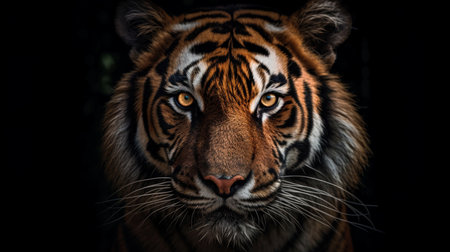 Portrait of a tiger on a black background in the zoo.の素材
