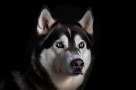 Siberian Husky portrait on black background. studio shotの素材