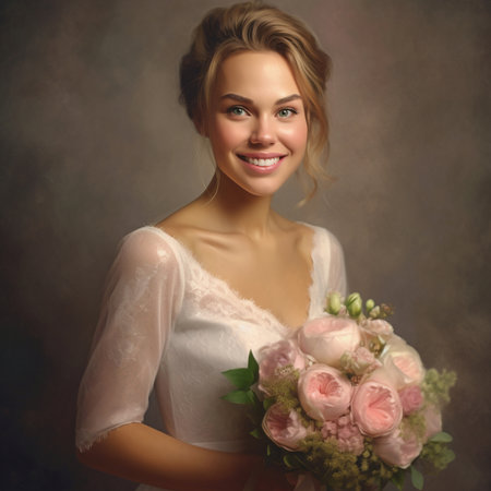 Portrait of a beautiful young woman with a bouquet of flowersの素材