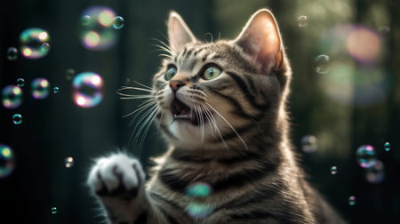 cute tabby kitten with soap bubbles and bokeh backgroundの素材