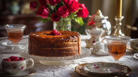 Chocolate cake with raspberries on the table. Selective focus.の素材