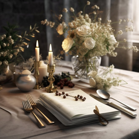 Table setting with vintage cutlery and bouquet of dried flowersの素材