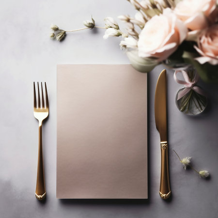 Beautiful table setting with blank card, knife and fork on gray backgroundの素材
