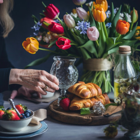 Croissants with strawberries and flowers in vase on wooden tableの素材