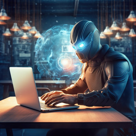 Cyberpunk man with laptop in a cafe. 3d renderingの素材