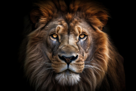 Portrait of a male lion on a black background. Close up.の素材