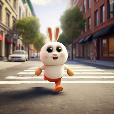 Rabbit on the crosswalk in the city. 3d renderingの素材