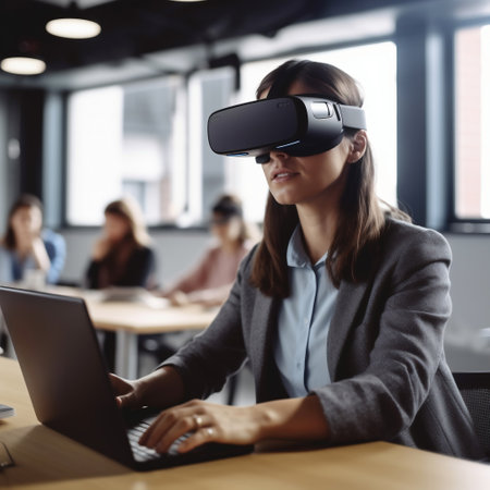 Young businesswoman wearing virtual reality goggles in modern office. Female executive using laptop at workplace.の素材