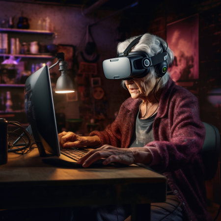 Elderly woman wearing virtual reality goggles and using laptop at homeの素材