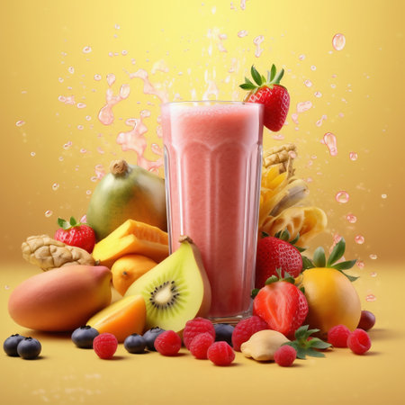 Fruit smoothie with splashes on yellow background. Healthy foodの素材