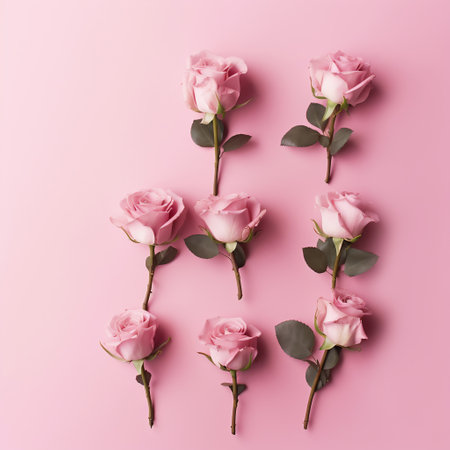 Pink roses on a pink background. Flat lay, top view.の素材