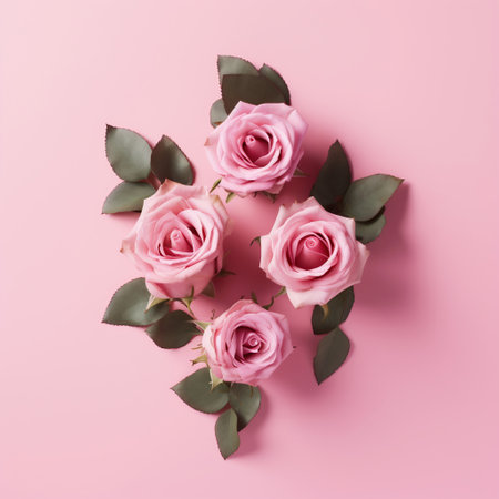 Creative layout made of pink roses and eucalyptus leaves on pink background. Flat lay, top view minimal concept.の素材