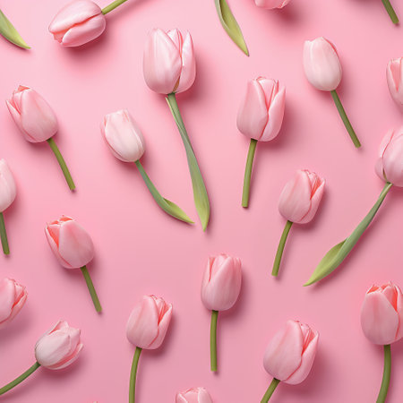 Pink tulips on a pink background. Flat lay, top viewの素材